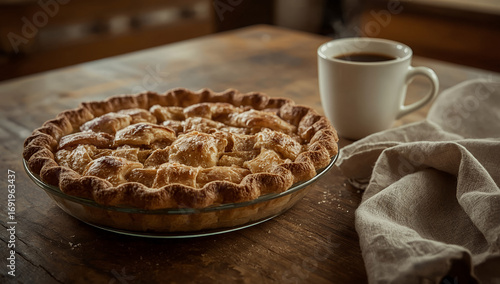 Warm Rustic Apple Pie with Coffee: Homemade Dessert Photography for Fall and Thanksgiving Recipes