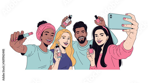Diverse group of young friends smiling and taking a selfie together holding makeup products and a smartphone in a fun and vibrant illustration