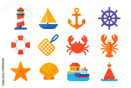 Colorful nautical icons: lighthouse, sailboat, anchor, crab, and more