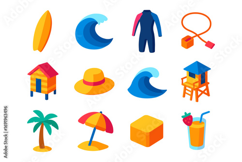Bright summer icons of beach waves, surfboards, and tropical drinks