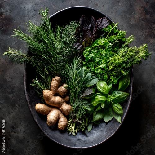 Fresh assortment of culinary herbs and ginger in oval dish for cooking and seasoning
