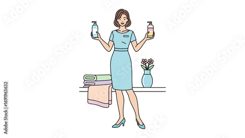 A woman in a blue dress stands holding two bottles of cleaning products with a stack of folded towels and a vase of flowers in the background