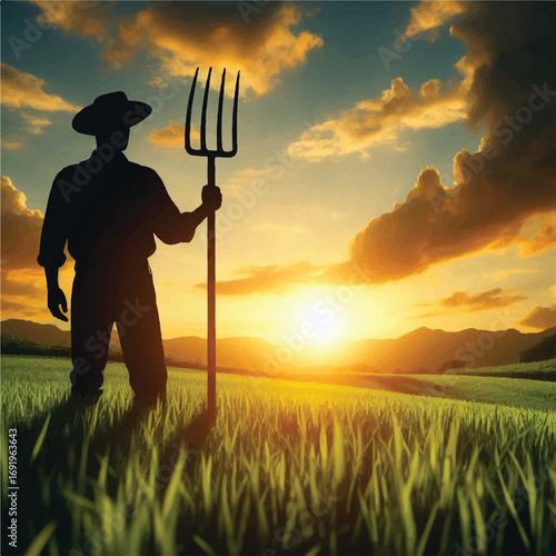 A silhouetted farmer stands in a lush green field at sunset, holding a pitchfork, conveying a sense of peace and the hard work of agriculture.