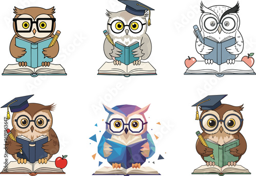 Cartoon owls reading books with graduation caps, pencils, and apples, symbolizing education, wisdom, learning, and academic achievement in colorful vector style
