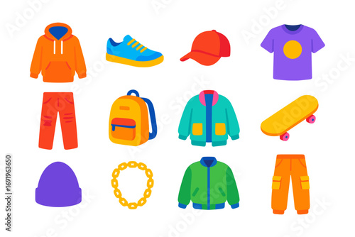 Colorful casual fashion icons set featuring hoodie, cap, sneakers, and backpack