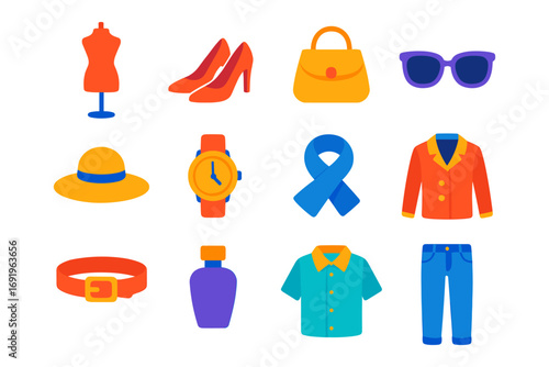 Fashion icons collection: apparel and accessories in vibrant flat design
