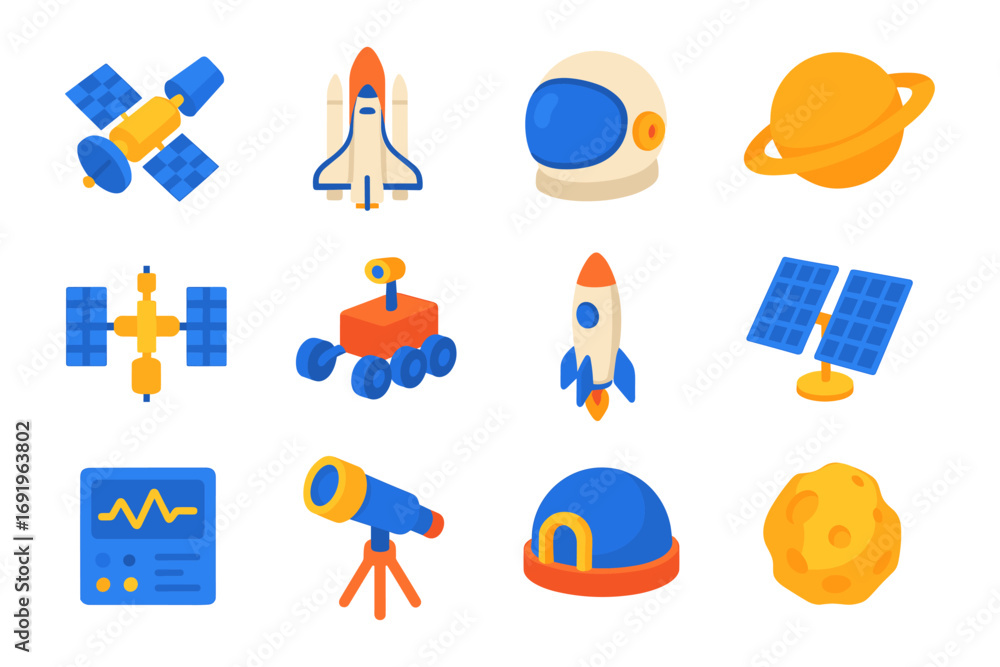 Fototapeta premium Colorful space exploration icons featuring rockets, satellites, and planets in flat design style