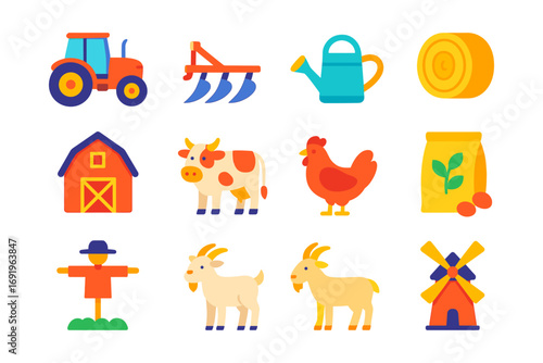 Colorful farm elements set featuring animals, tools, and produce in a flat style