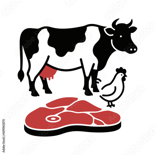 Cow and chicken with fresh steak in minimalist graphic design  