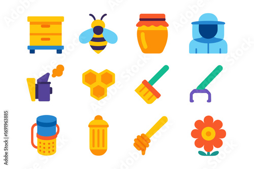 Colorful beekeeping icons: honey, bee, hive, and apiary tools