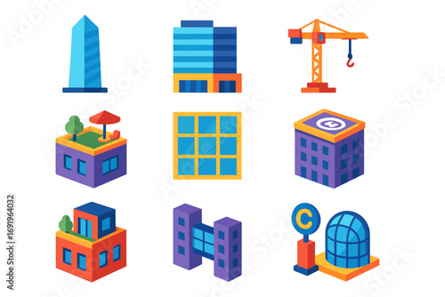Colorful isometric buildings and structures set with crane and rooftop garden