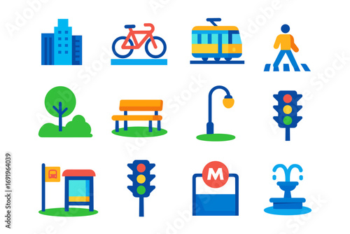 City elements flat icons: transport, architecture, and nature set