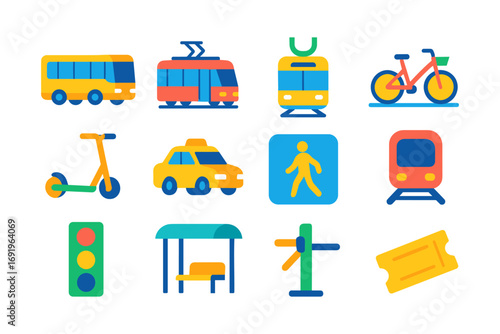 Colorful urban transport icons: buses, trains, bicycles, scooters, and more