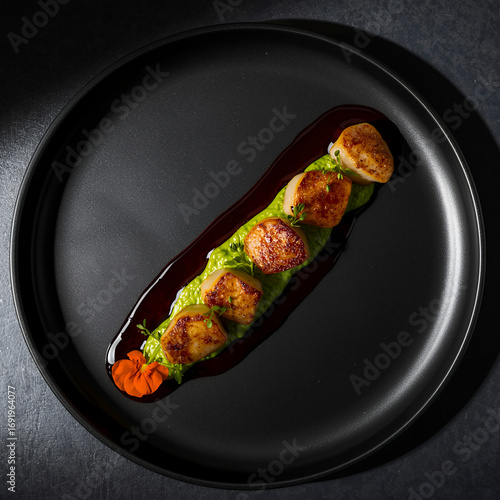 Gourmet Pan-Seared Scallops with Pea Puree and Reduction Sauce: Elegant Dark Food Photography
