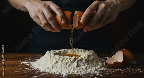 Person cracking eggs into a cooking bowl with flour on wooden surface in a dark kitchen setting for baking or cooking ingredients preparation