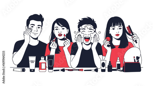 Diverse group of young adults applying makeup and skincare products with exaggerated expressions of surprise and excitement in a modern studio setting