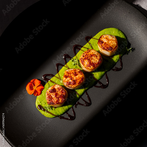 Gourmet Pan-Seared Scallops with Pea Puree, Drizzled Balsamic Glaze, Elegant Dark Plate Presentation.