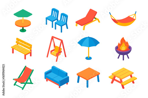 Colorful isometric outdoor furniture and recreational icons collection