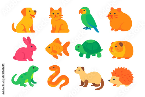 Cute cartoon pets collection featuring dogs, cats, birds, rodents, and reptiles in flat style