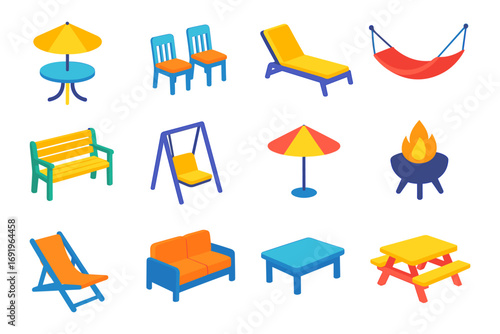 Colorful outdoor furniture and relaxation icons in flat design