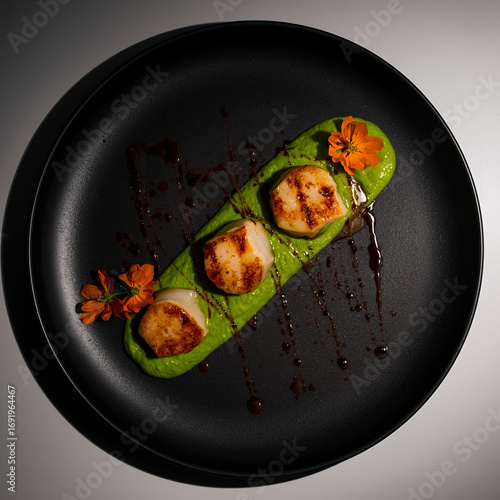 Gourmet Pan-Seared Scallops with Pea Puree,  Elegant Garnish, and Balsamic Glaze on Black Plate.