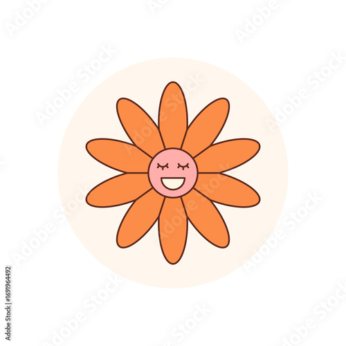Groovy retro flower in orange and pink with happy smile, flat circle label sticker for package, lid or box. Round y2k accent adds fun pop charm, ideal for trendy delivery branding.