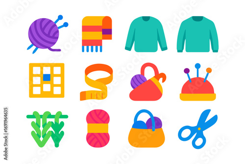 Colorful yarn and knitting tools in modern flat design for craft enthusiasts