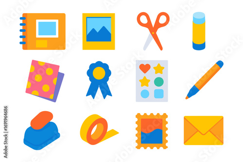 Colorful office supplies collection featuring scissors, stationery, and decorative elements