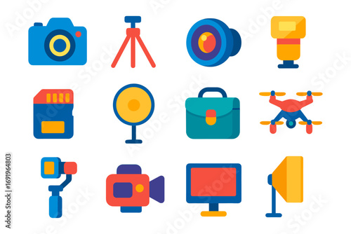 Colorful photography and videography equipment icons for creative projects