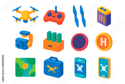 Colorful isometric drone equipment icons for modern technology designs