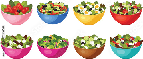 Vector illustration of colorful fresh vegetable salad bowls with tomatoes, olives, cucumbers, leafy greens, cheese, eggs, healthy eating, nutrition, and diet concept.