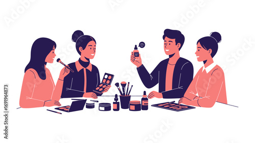 Diverse group of young adults gathered around a table enthusiastically exploring and demonstrating makeup products and beauty application techniques together