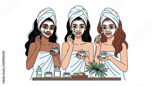 Three diverse women enjoying a relaxing spa day at home applying facial masks and skincare products while wearing towels on their heads
