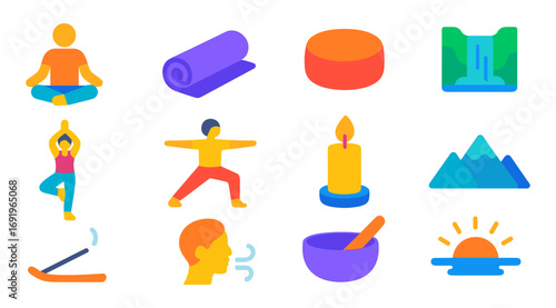 Colorful yoga and meditation icons featuring relaxation and wellness elements