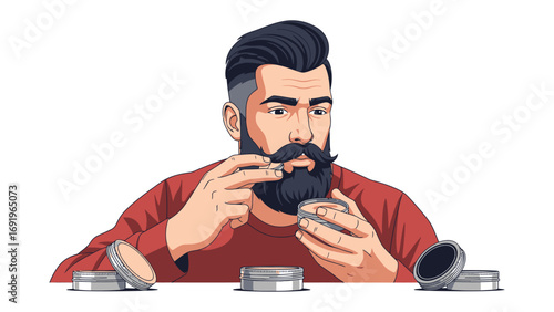 Modern stylish man with a well groomed beard and mustache applying beard balm from a tin with grooming tools nearby on a white background