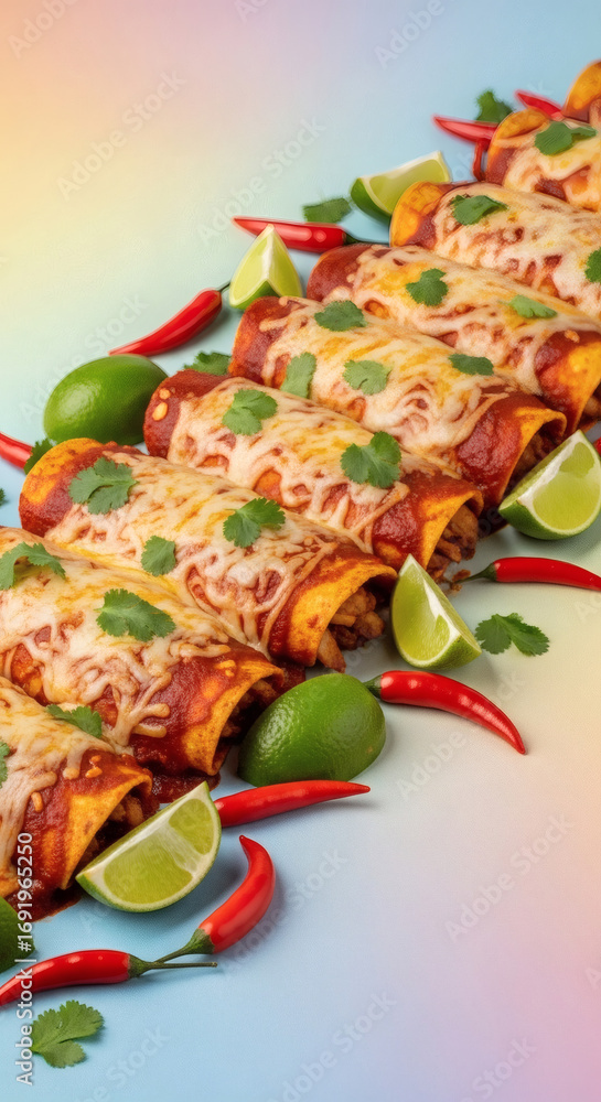 Fototapeta premium Delicious Row of Cheesy Enchiladas with Sauce and Garnish on a Gradient Background