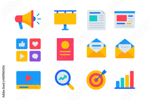 Colorful flat icons for digital marketing and media