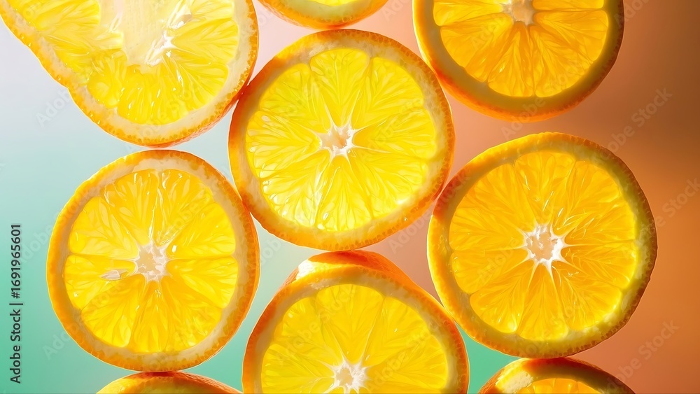 Obraz premium Sliced Oranges Arranged in a Stacked Pattern Against a Gradient Background