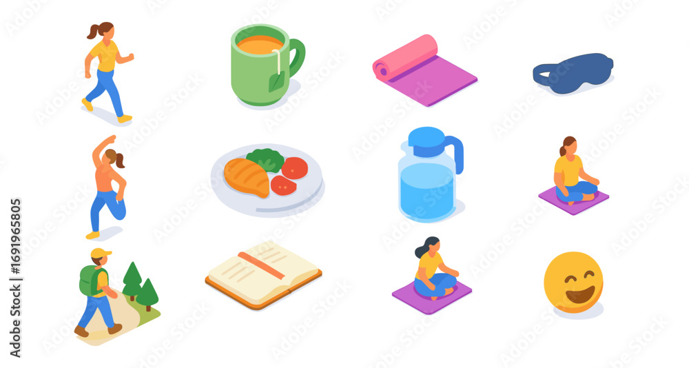 Fototapeta premium Isometric healthy lifestyle icons: yoga, hiking, nutrition, fitness, relaxation