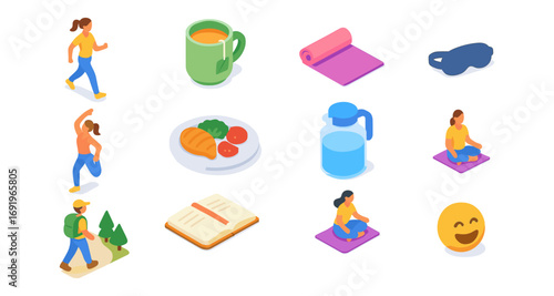 Isometric healthy lifestyle icons: yoga, hiking, nutrition, fitness, relaxation