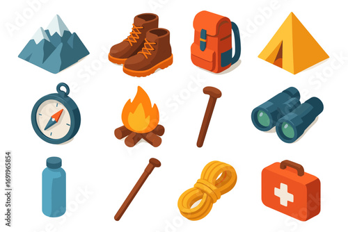 Colorful isometric camping gear set with hiking essentials and outdoor equipment