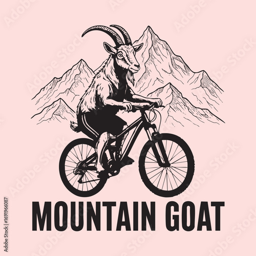 Mountain Goat on a Mountain Bike - Outdoor Adventure Graphic