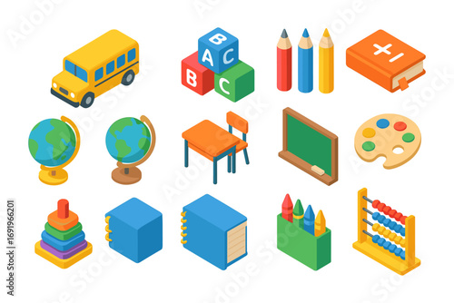 Colorful isometric school supplies set with educational tools for kids