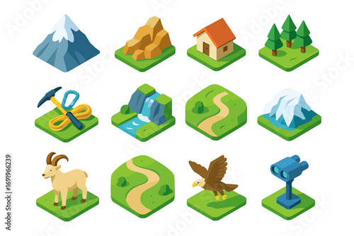 Isometric hiking adventure elements with mountains, trails, and wildlife