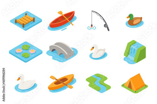 Isometric camping icons set featuring boats, wildlife, and water landscapes