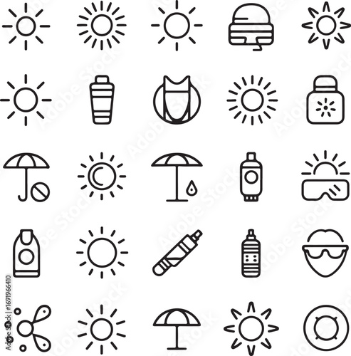Solar Protection and Sun Related Line Art Icon Collection sunscreen lotion