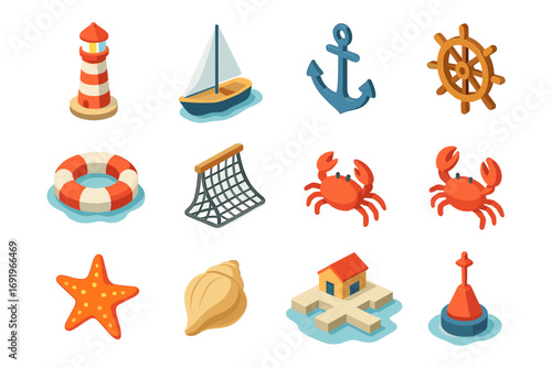Nautical icon set: maritime symbols in isometric style for sea-themed designs