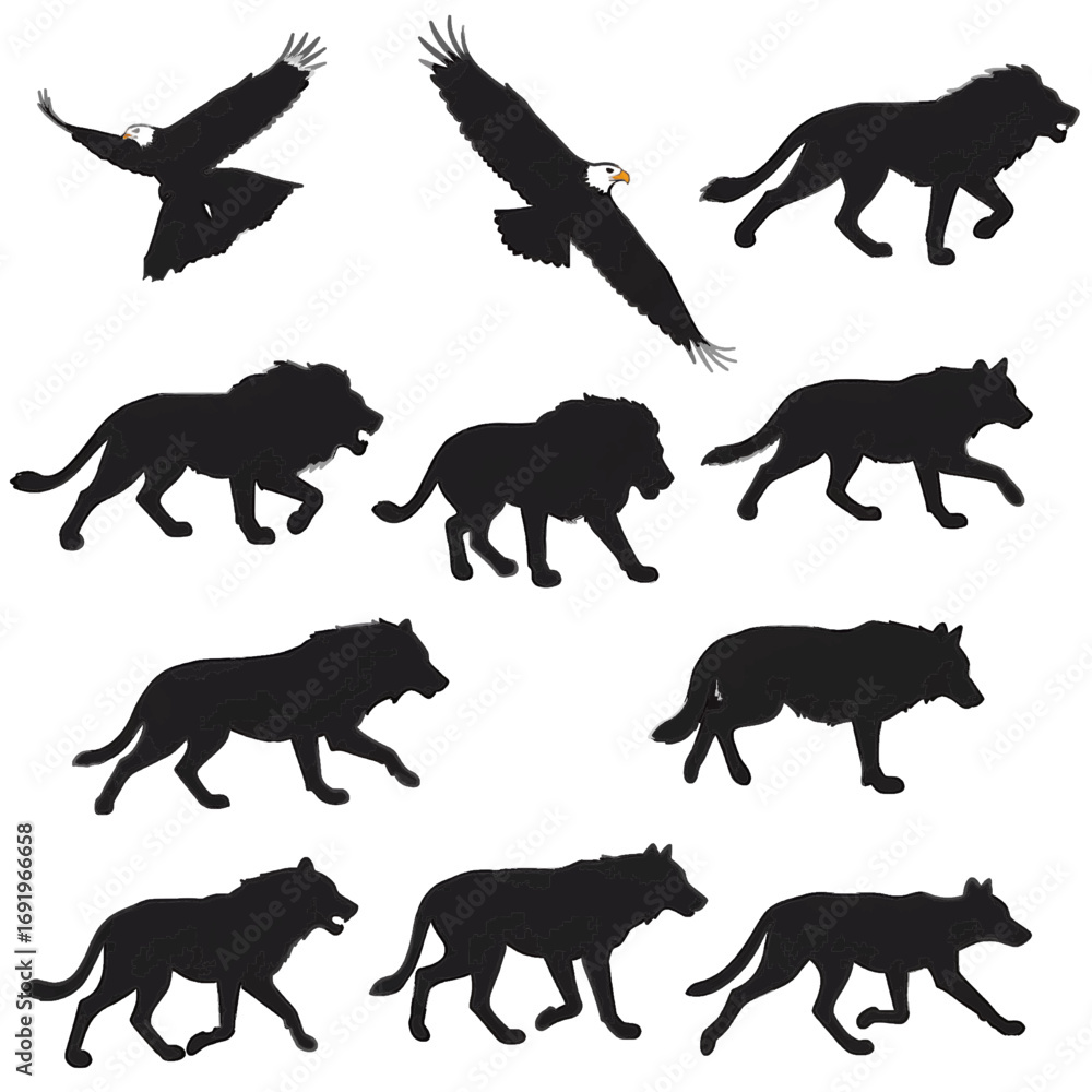 Obraz premium Silhouette of wild animals on, including wolves, lions, and eagles, creating a wildlife scene