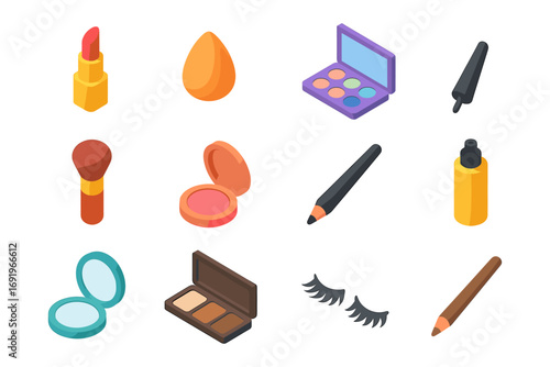 Colorful isometric makeup set featuring lipstick, brushes, and cosmetic tools
