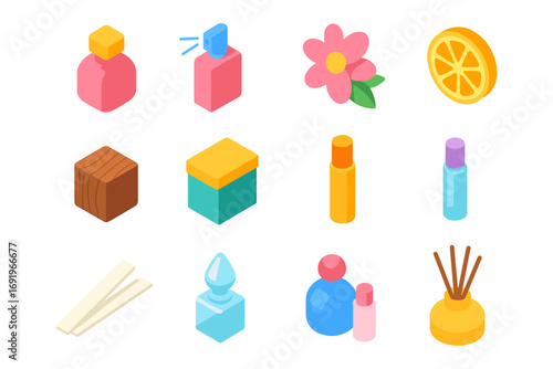 Colorful isometric icons of perfume, cosmetics, and aromatherapy products